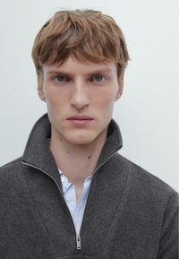 Šedý svetr na zip s vysokým límcem, s hladkou texturou, jemným prošíváním a vrstvený přes světle modrou košili s límečkem.