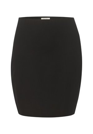 Crna olovno siva suknja izrađena od glatkog materijala, s visokim strukom i uskim siluetom za elegantan izgled. Bez uzoraka ili dodataka.