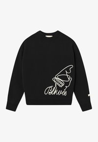 Black sweater with a round neck, featuring white embroidered hand and text design. Made of soft fabric, with ribbed cuffs and hem.