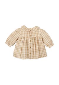 Blouse pour enfants à carreaux beige et crème, avec un col plissé, de longues manches bouffantes et une fermeture à boutons en bois sur le devant.