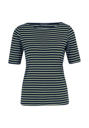 Marineblauwe en olijfgroene gestreepte T-shirt met korte mouwen, met een ronde halslijn en zachte, gladde stof met een strakke pasvorm.
