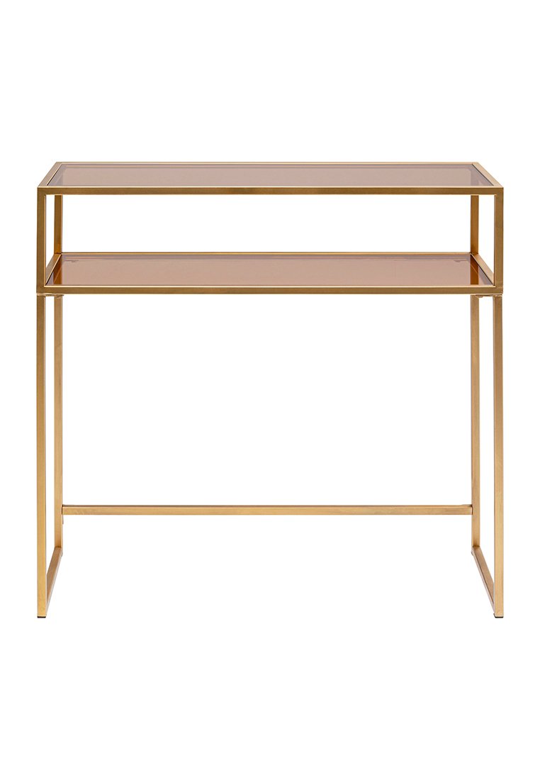 Metallkonsole mit einem Goldrahmen und zwei Glasregalen. Das obere Regal ist transparent, und das untere Regal hat einen braunen Farbton.