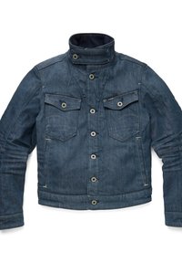 Riflová bunda tmavě modré barvy s vysokým límcem, zapínáním na knoflíky a dvěma náprsními kapsami s klopami. Opotřebovaný vzhled a viditelné švy.