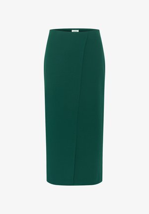 Tmavě zelená tužková sukně vyrobená z hladkého, elastického materiálu. Obsahuje boční šev a přiléhavý siluetu, končící těsně nad kolenem.