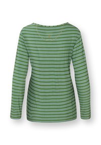 Groene shirt met lange mouwen, witte horizontale strepen, ronde halslijn en een lichte stof. Bevat een subtiele logo op de achterkant.