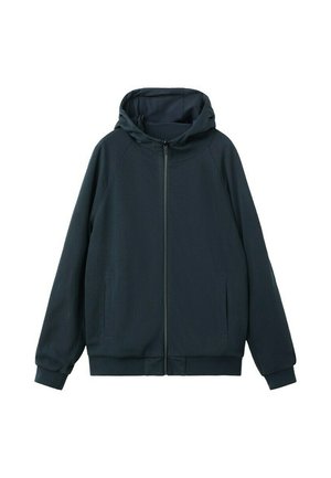 Sweat à capuche noir zippé intégral avec manches longues, poches kangourou, poignets et bas côtelés, et capuche attachée sur fond blanc.