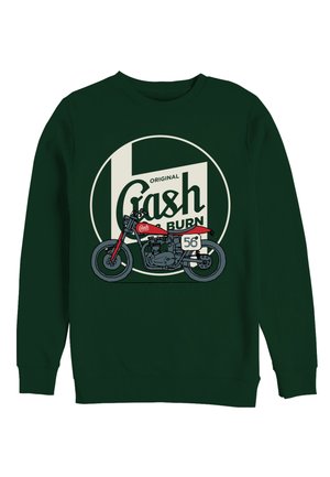 Zielona bluza z kapturem z grafiką motocykla w czerwonych akcentach. Na boku motocykla znajduje się napis "Original Cash Burn" i numer "56".