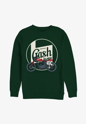 Grøn sweatshirt med et motorcykelgrafik i røde nuancer. Teksten siger "Original Cash Burn" og nummeret "56" på motorcyklens side.