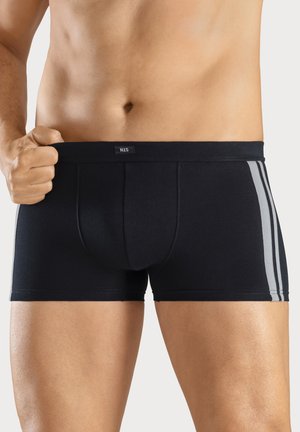 Schwarze Boxershorts aus weichem Stoff mit passgenauer Passform, flachem Bund mit Logo und kontrastierenden grauen Seitenstreifen.