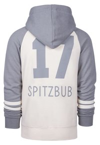 Kapuzenpullover mit grauen Ärmeln und cremefarbenem Körper, mit großem grauem Text "17" und "SPITZBUB" auf dem Rücken, gerippten Bündchen und gestreiften Akzenten.