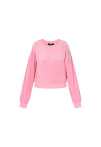 Felpa in velluto rosa con collo a girocollo, maniche lunghe e polsini a coste. Presenta dettagli in argento sulla spalla sinistra.
