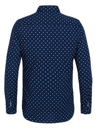 Laivastonsininen pitkähihainen paita, jossa on valkoisia pilkkuja, klassinen kaulus ja nappi hihansuut. Sujuva kangas ja istuva malli.