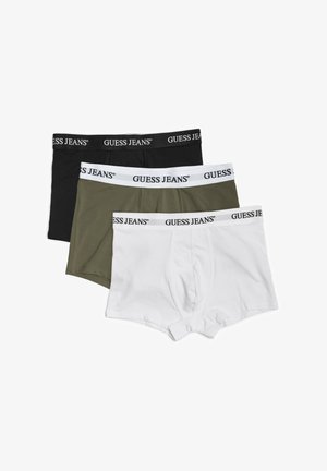 Trois paires de boxers : noir, vert olive et blanc. Chacun présente une ceinture élastique "GUESS JEANS". Matériau en coton lisse.