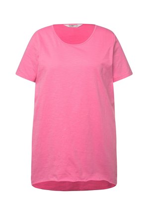T-shirt rosa a maniche corte realizzato in tessuto morbido e leggero. Presenta una scollatura rotonda e una vestibilità rilassata, leggermente oversize, con un orlo curvo.