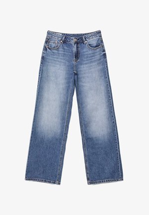 Hellblaue, hoch taillierte Jeans mit geradem Bein, vorne und hinten mit Taschen, Knopfverschluss und verblassten Details an den Oberschenkeln.