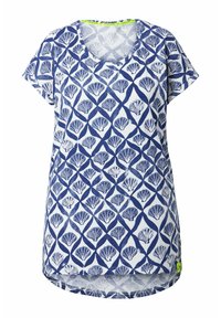T-shirt à manches courtes en blanc avec un motif de coquillages bleus, décolleté rond et ourlet incurvé. Fabriqué en tissu en coton doux avec un accent de étiquette.