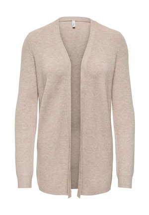 Beige åben-front langærmet strikket cardigan med ribbet tekstur og uden knapper eller lukninger.