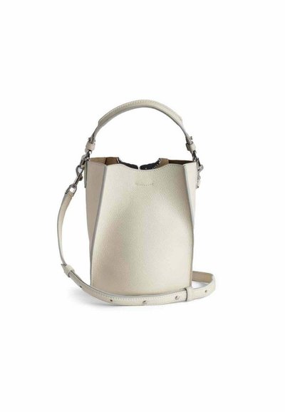 White leather bucket bag with a textured finish, short handle, and detachable shoulder strap. Open top with a scalloped edge design.