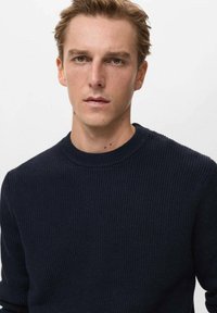 Junger Mann mit kurzem blonden Haar, der einen dunkelblauen gerippten Pullover trägt und geradeaus vor einem schlichten hellen Hintergrund schaut.