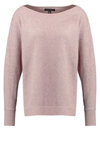 Ljusrosa tröja i mjukt material, med en bred halsringning, långa ärmar och ribbade manschetter vid nederkant och ärmar.