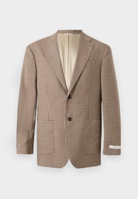 Brauner und cremefarbener kariierter Blazer mit Reverskragen, zwei Vordertaschen und einer Zwei-Knopf-Verschluss, mit einem beigen Futter.