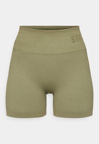 Olivgrüne, gerippte Shorts mit hohem Taillenbund, der den eingeprägten Text "STRONG" trägt, und einem glatten Saum. Weiches, elastisches Material.