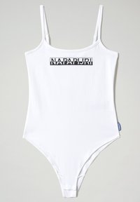 Costume da bagno intero bianco con spalline sottili, caratterizzato da un logo "NAPAPIJRI" nero sul petto. Tessuto liscio, design con scollatura alta sulle gambe.