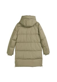 Khaki puffer coat featuring a hood, horizontal quilting, long sleeves, and side zippers. Smooth, glossy material with a relaxed fit.