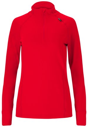 Lyse rød langærmet pullover med kvart lynlås og høj krave, med et lille sort logo på øverste venstre bryst.