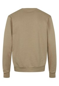 Beige mikina s kulatým výstřihem, dlouhými rukávy a vroubkovanými manžetami a lemem. Měkký materiál s hladkou texturou a bez viditelných vzorů.
