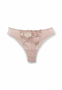 Dünne Spitze mit Rosenmuster in sanftem Nude, mit transparenten Mesh-Seiten und einem glatten Stoffboden, versehen mit detaillierter Blumenstickerei auf der Vorderseite.