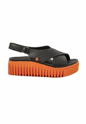 Black leather slingback sandal with crossed straps, a cushioned footbed, and a chunky orange ridged sole. Features an engraved logo.