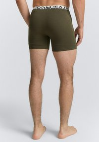 Olivgrüne Herren-Boxershorts mit einem weißen Bund, der das Logo "TOM TAILOR" trägt. Der Stoff ist glatt und figurbetont und reicht bis zur Mitte des Oberschenkels.
