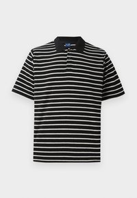 Black and white striped polo shirt with short sleeves, a black collar, and three buttons at the neck. Soft fabric texture.