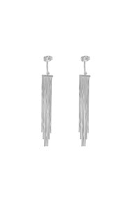 Orecchini pendenti in argento con numerosi sottili frange, dotati di una chiusura in metallo elegante e una superficie liscia e riflettente.