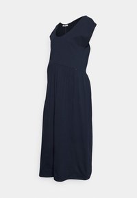 Vestido azul marinho em tecido suave, com decote em V, mangas em forma de cap sleeve e cintura franzida, com uma saia fluida até ao joelho.