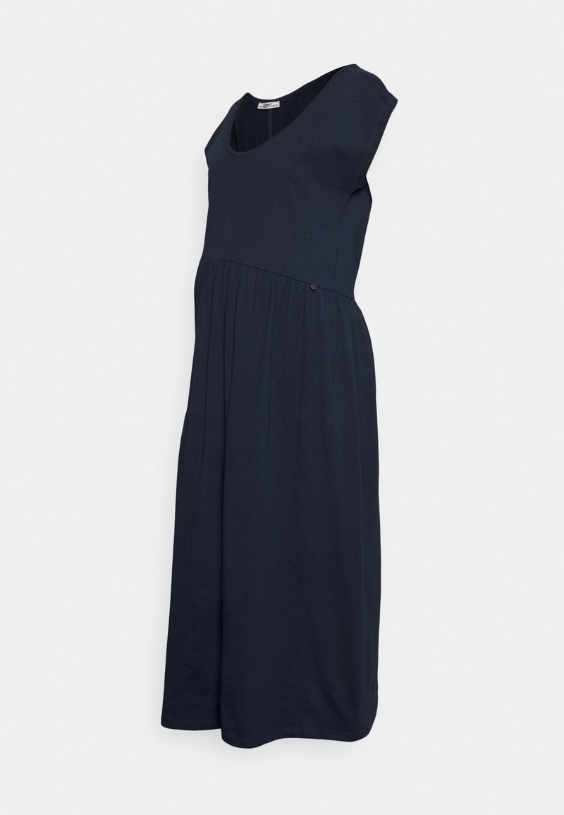 Vestido azul marinho em tecido suave, com decote em V, mangas em forma de cap sleeve e cintura franzida, com uma saia fluida até ao joelho.