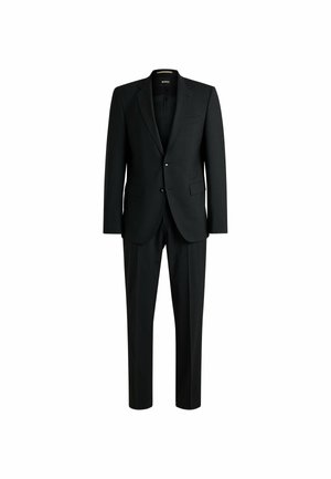 Black suit featuring a notched lapel, single-breasted design, two-button closure, and flat-front trousers. Made from smooth fabric.