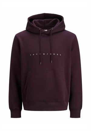 Bordeaux hoodie met een voorzak, trekkoorden en een wit tekstlogo "JACK & JONES" centraal op de borst. Van katoenmix materiaal.