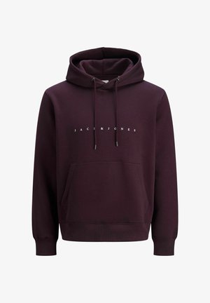 Felpa marrone con cappuccio, dotata di tasca frontale, lacci e logo bianco "JACK & JONES" centrato sul petto. Materiale in misto cotone.