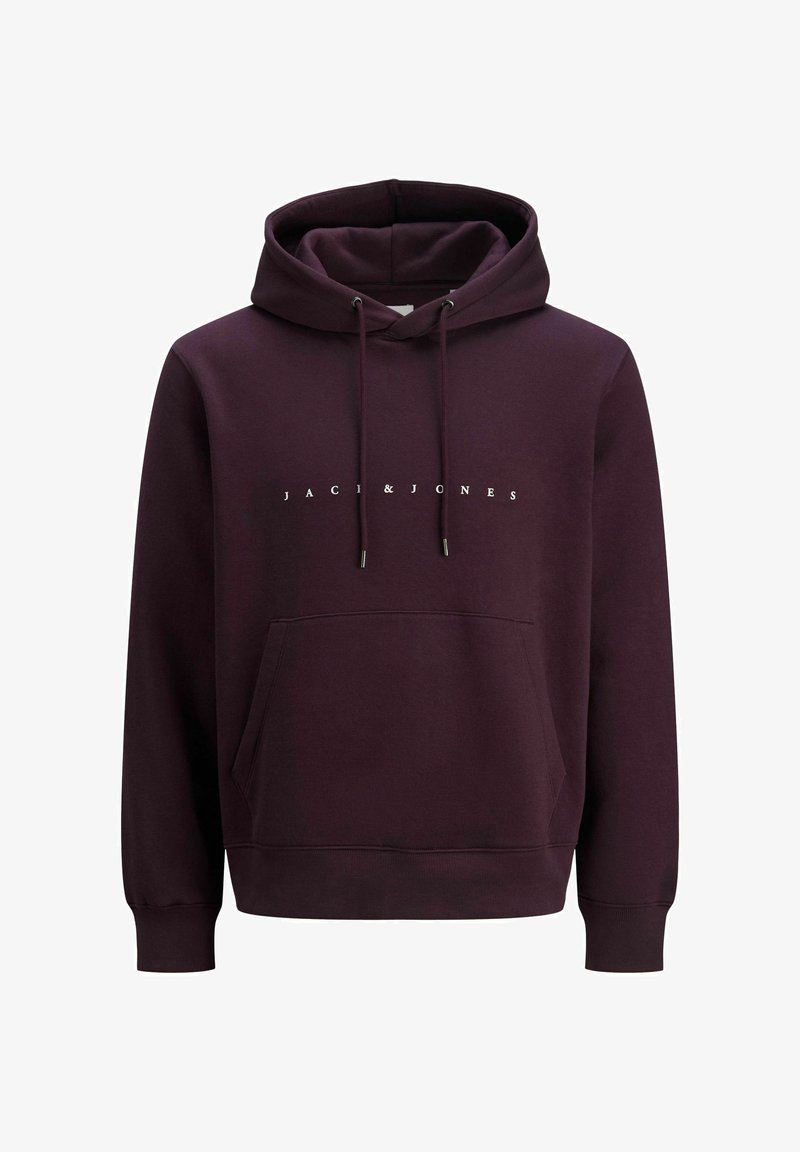 Bordowa bluza z kapturem, z przednią kieszenią, sznurkami i białym logo "JACK & JONES" umieszczonym na środku klatki piersiowej. Materiał z mieszanki bawełny.