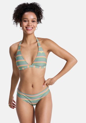 Zestaw bikini w paski w kolorze zielonym z różowymi i żółtymi akcentami; top na szyję z dekoltem w kształcie litery V oraz dopasowane majtki z niskim stanem. Gładka faktura.