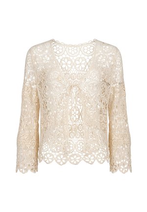 Flødefarvet blondesweater med blomsterprint, lange ærmer, bølgede kanter og lukning med bindebånd foran.