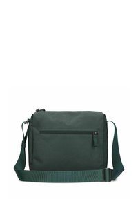 Grüne Canvas Crossbody-Tasche mit verstellbarem Träger, rechteckiger Form, vorderer Reißverschlusstasche und glatter Textur. Langlebiges und funktionales Design.