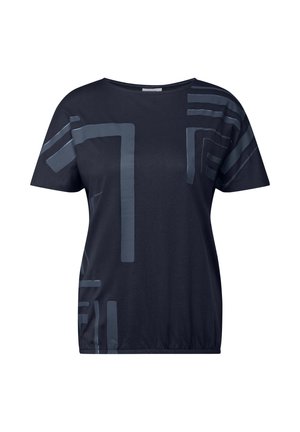 Navy blue short-sleeve t-shirt in soft fabric, featuring geometric grey patterns. Loose fit with a round neckline.