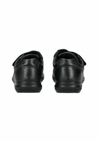 Black leather shoes with a smooth texture and rounded shape, featuring a hook-and-loop closure and padded collar for comfort.