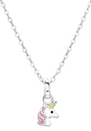 Silberne Halskette mit einem bunten Einhornanhänger, das eine pinke Mähne und ein mehrfarbiges Horn hat, mit glatter Emaille-Oberfläche und glänzenden Details.