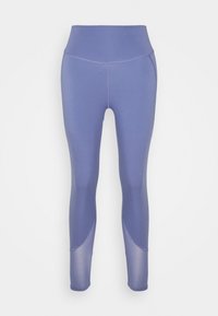 Leggings viola con vita alta, texture liscia e design a pannello contrastante sulla parte inferiore delle gambe. Realizzati in materiale elasticizzato e traspirante.