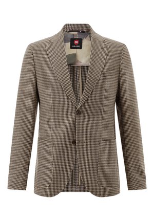 Men's brown and beige houndstooth patterned blazer with notched lapels, two front buttons, and patch pockets.