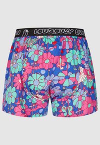 Colorful men's boxers featuring a floral pattern with pink, mint green, and blue elements. Black waistband with "LOUSLOUSY LIVING" text.